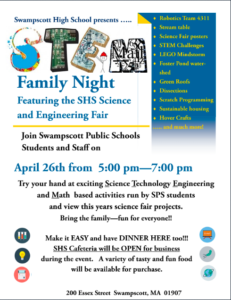 Join us April 26 from 5-7PM at the STEM Family Night at SHS in the cafeteria.